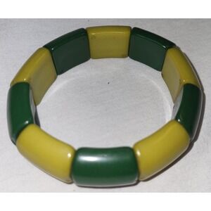 Vintage Chunky Resin Stretch Two Tone Bracelet Women Green Yellow Retro 1980s